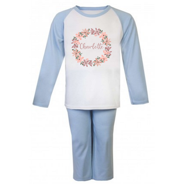 Second Ave Personalised Name Flower Children's Kids Pyjamas PJ's Blue/White