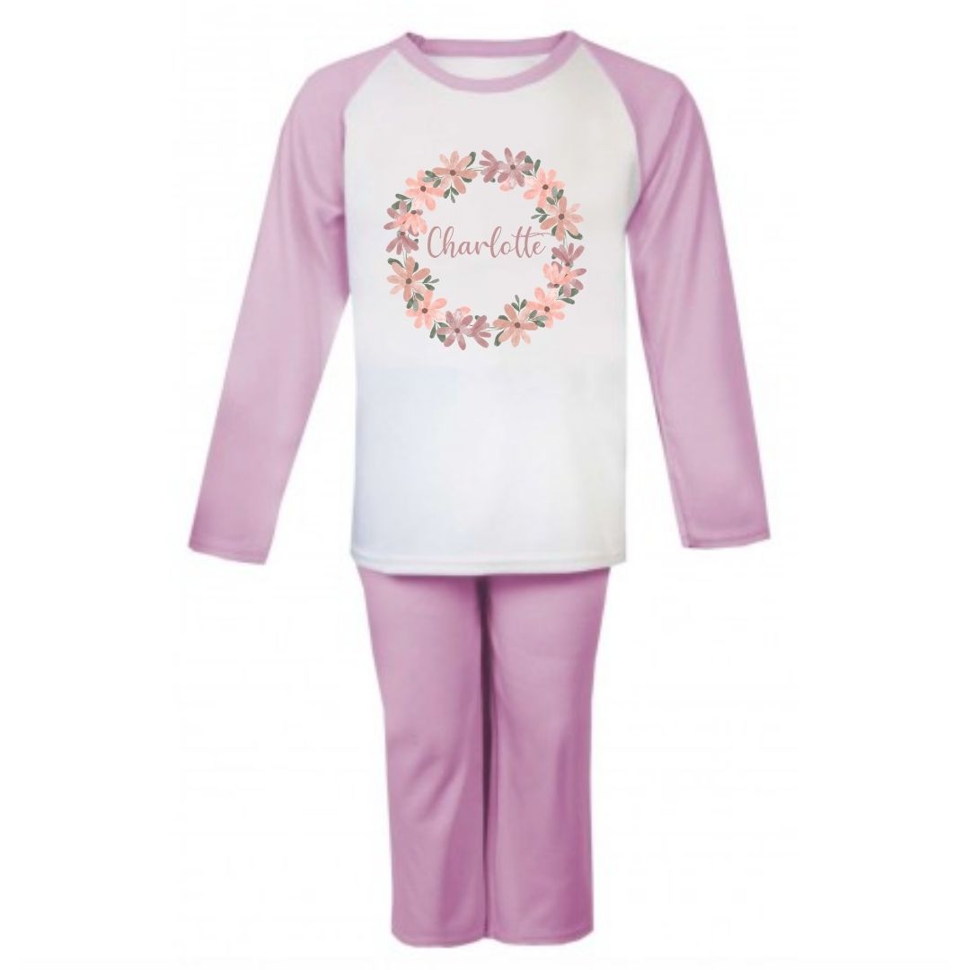 Second Ave Personalised Name Flower Children's Kids Pyjamas PJ's Pink/White