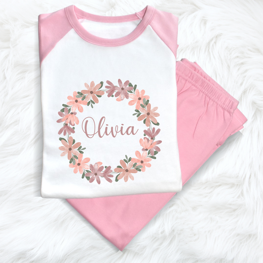 Second Ave Personalised Name Flower Children's Kids Pyjamas PJ's Pink/White