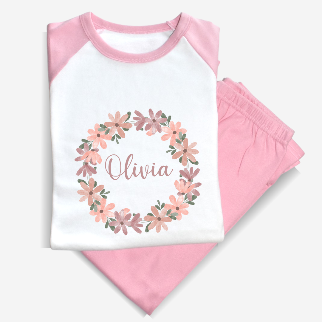 Second Ave Personalised Name Flower Children's Kids Pyjamas PJ's Pink/White