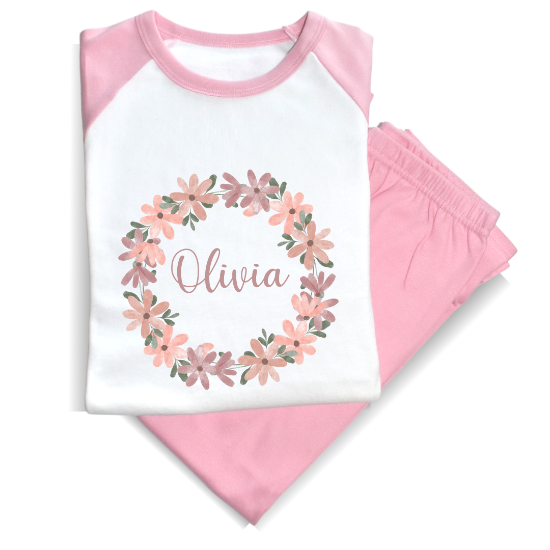 Second Ave Personalised Name Flower Children's Kids Pyjamas PJ's Pink/White