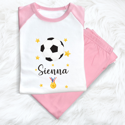 Second Ave Personalised Name Football Children's Kids Pyjamas PJ's Pink/White