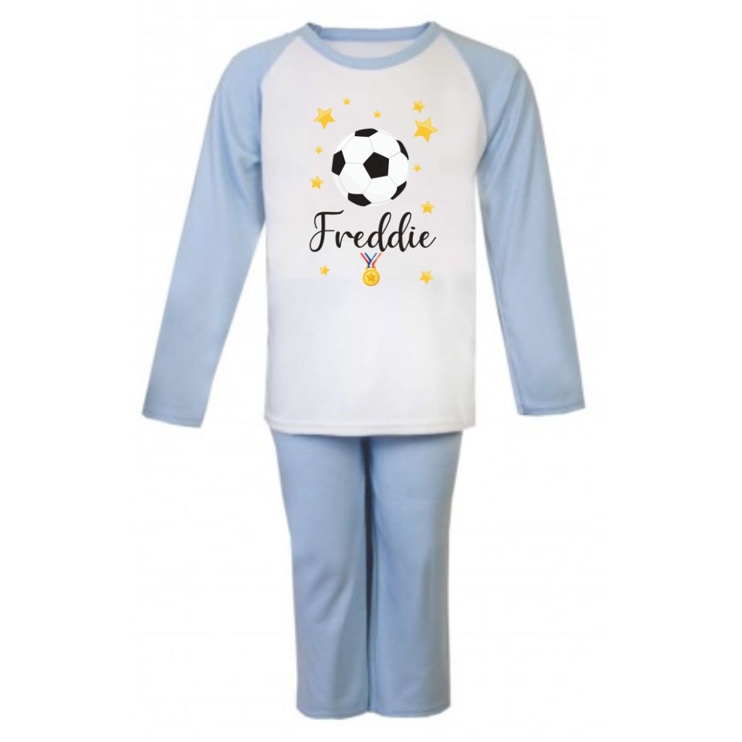 Second Ave Personalised Name Football Children's Kids Pyjamas PJ's Blue/White