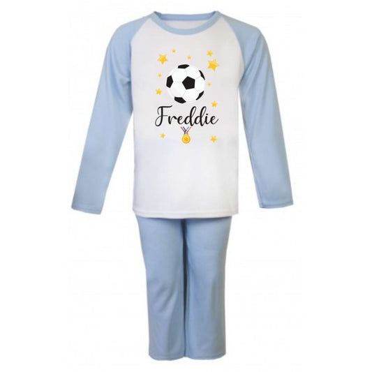 Second Ave Personalised Name Football Children's Kids Pyjamas PJ's Blue/White