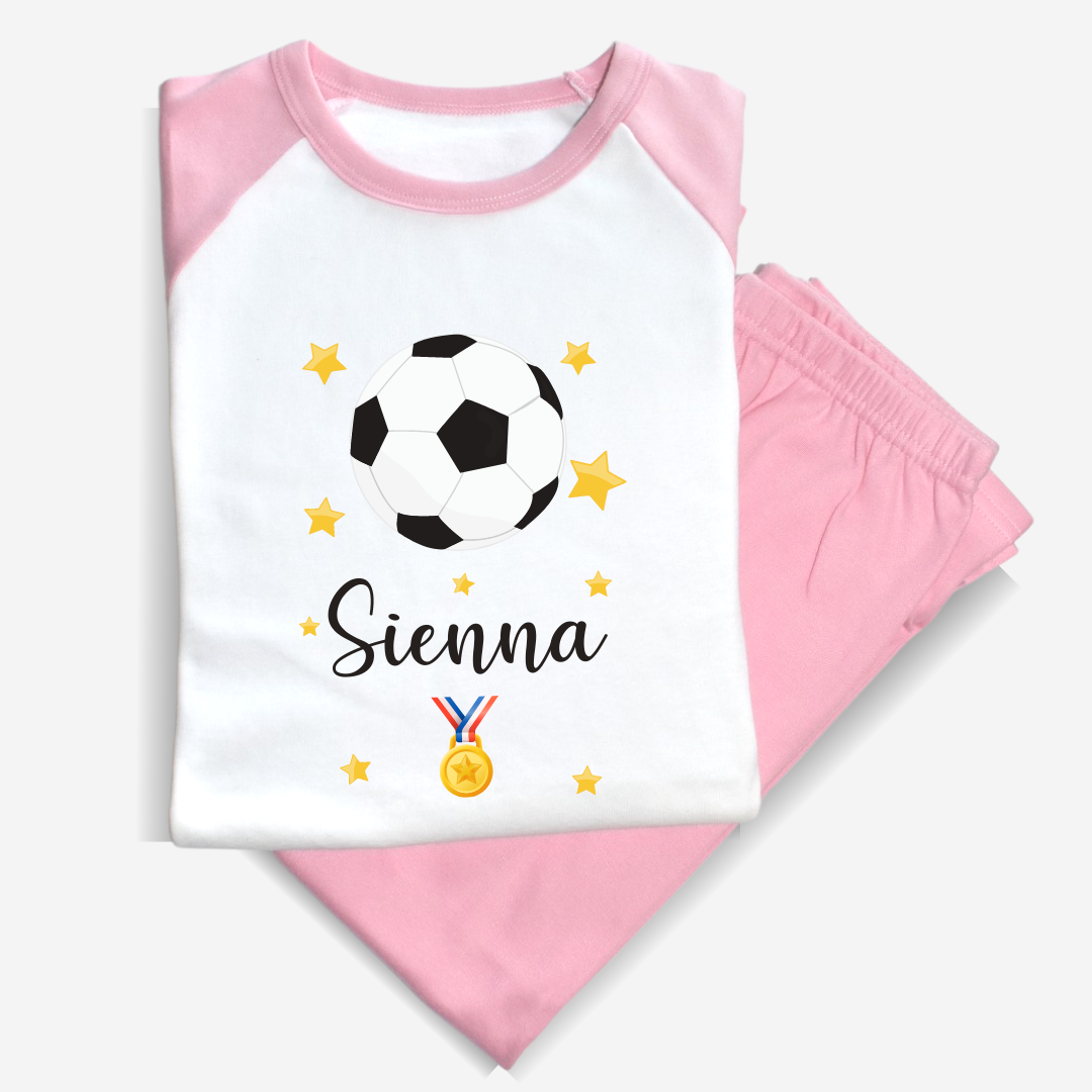 Second Ave Personalised Name Football Children's Kids Pyjamas PJ's Pink/White