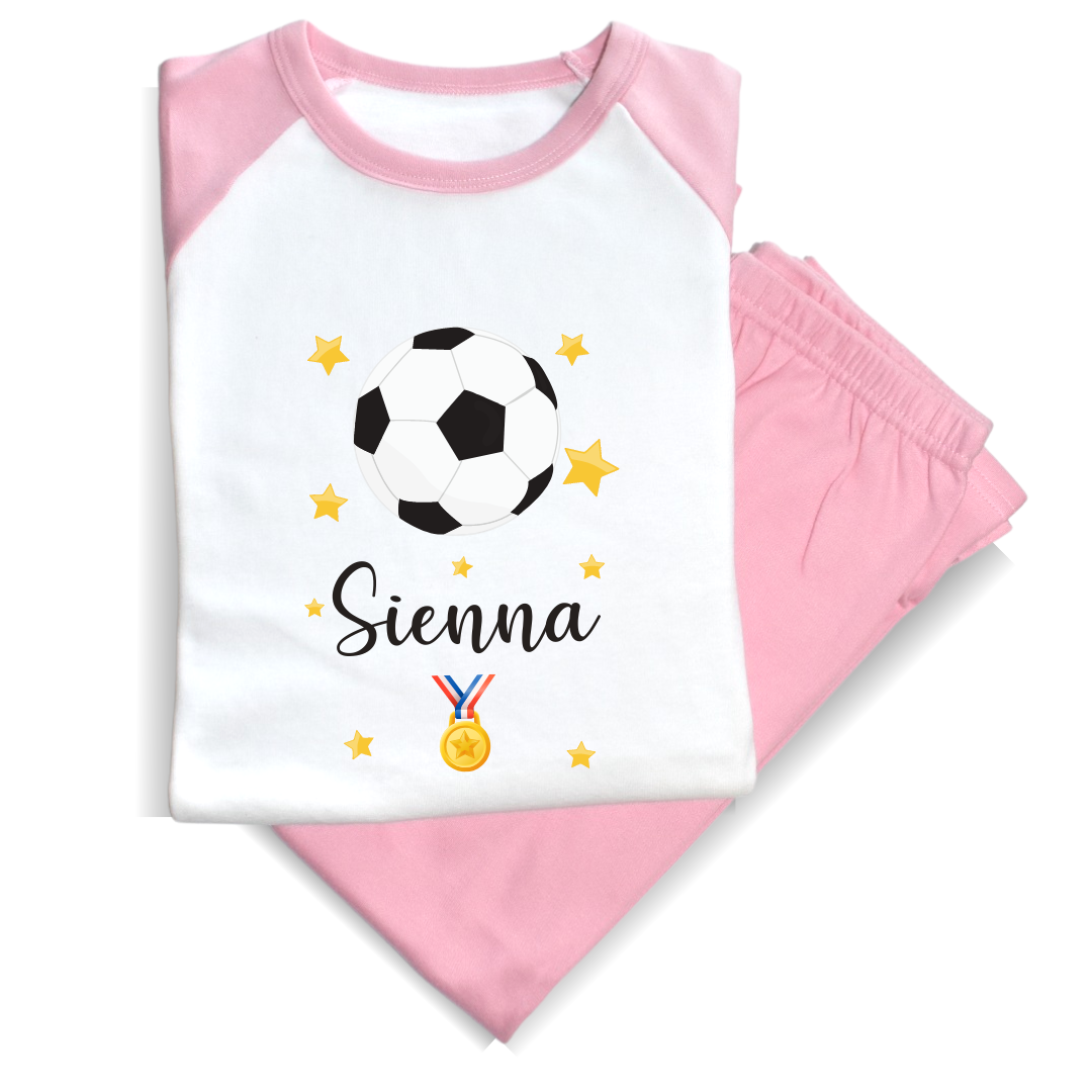 Second Ave Personalised Name Football Children's Kids Pyjamas PJ's Pink/White