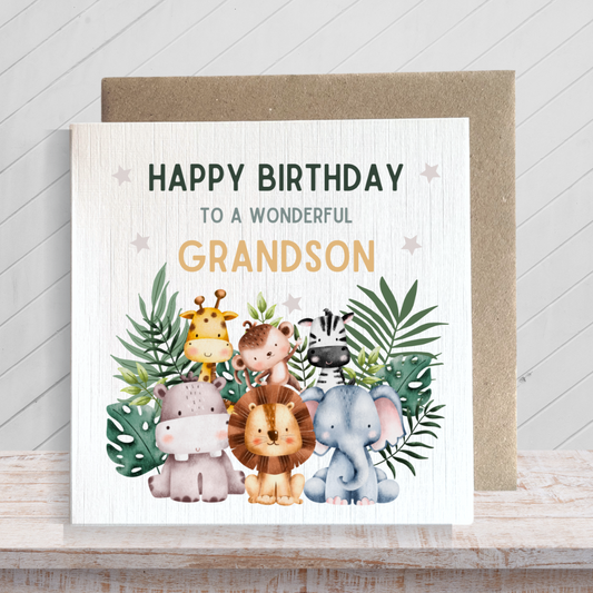 Second Ave Grandson Children's Kids Baby Safari Square Card For Boy Birthday