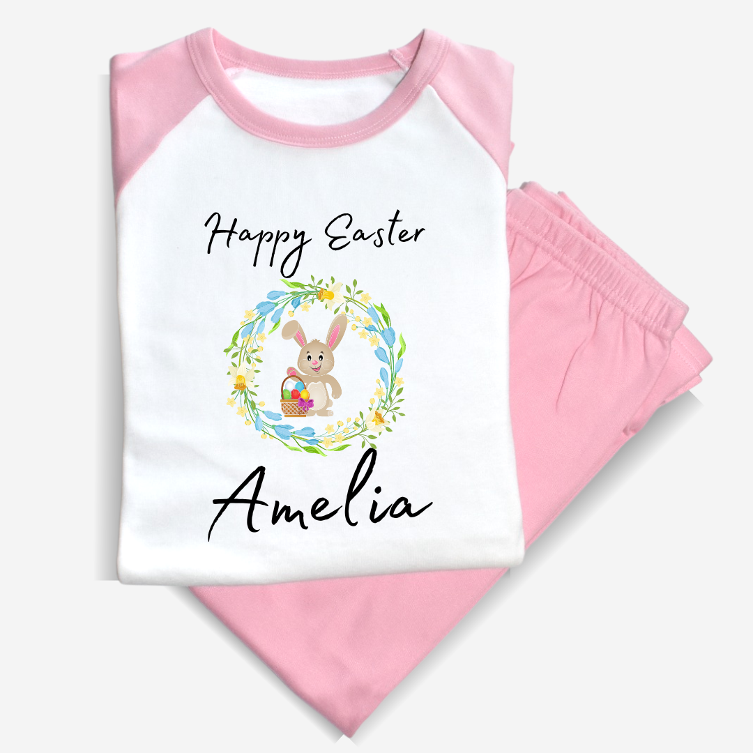 Second Ave Personalised Children's Kids Easter Bunny Flower Pyjamas PJ's Pink/White