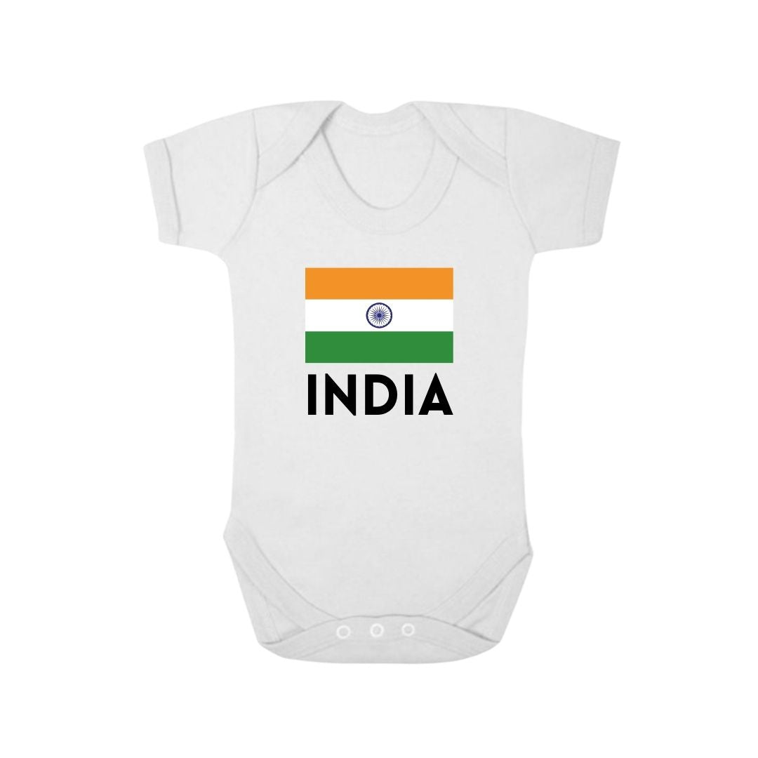 Second Ave India Supporter Flag Cricket Baby Grow Vest White Shortsleeve Babygrow Bodysuit