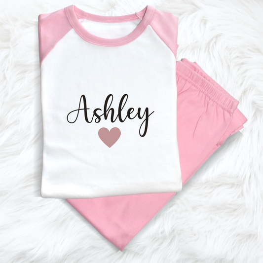 Second Ave Personalised Name Heart Children's Kids Pyjamas PJ's Pink/White