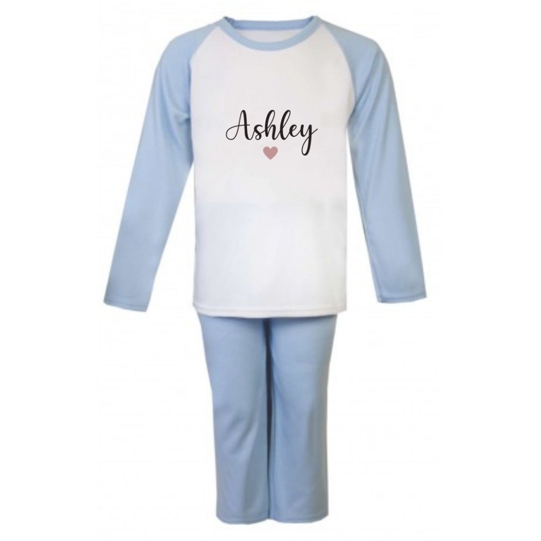 Second Ave Personalised Name Heart Children's Kids Pyjamas PJ's Blue/White