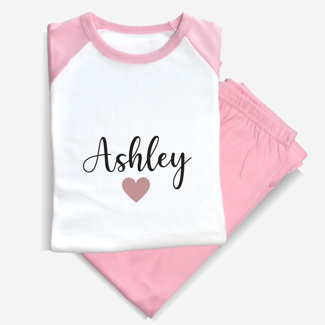 Second Ave Personalised Name Heart Children's Kids Pyjamas PJ's Pink/White