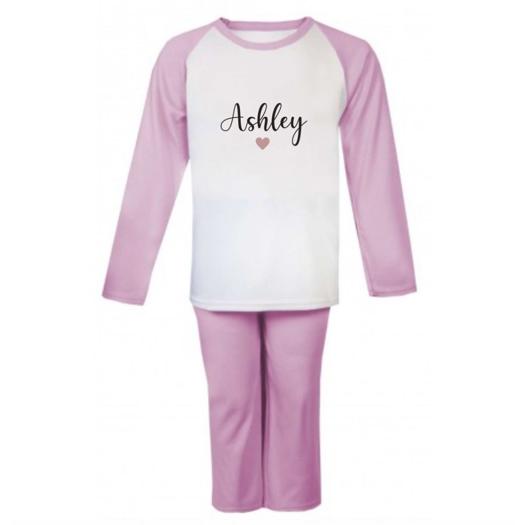 Second Ave Personalised Name Heart Children's Kids Pyjamas PJ's Pink/White