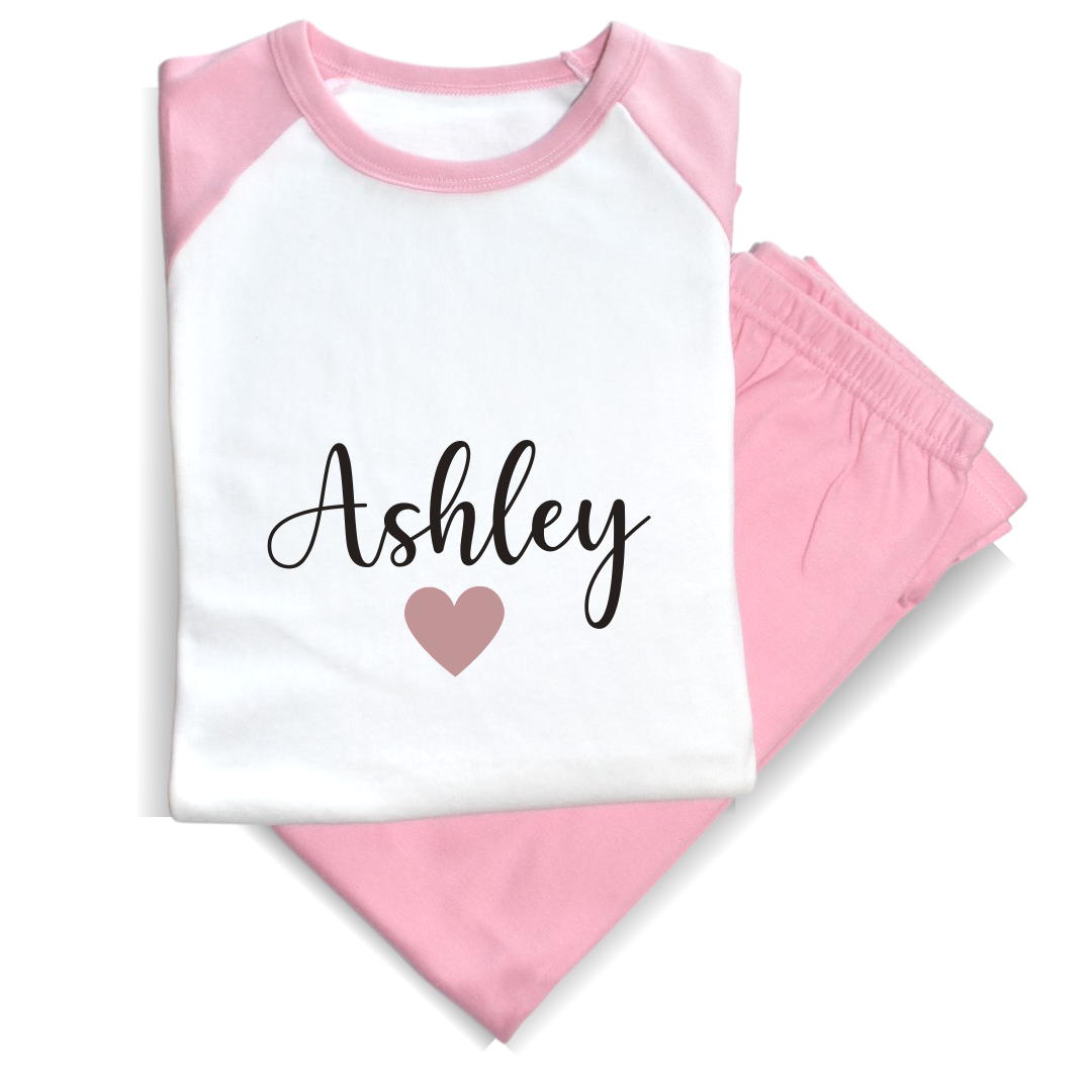 Second Ave Personalised Name Heart Children's Kids Pyjamas PJ's Pink/White