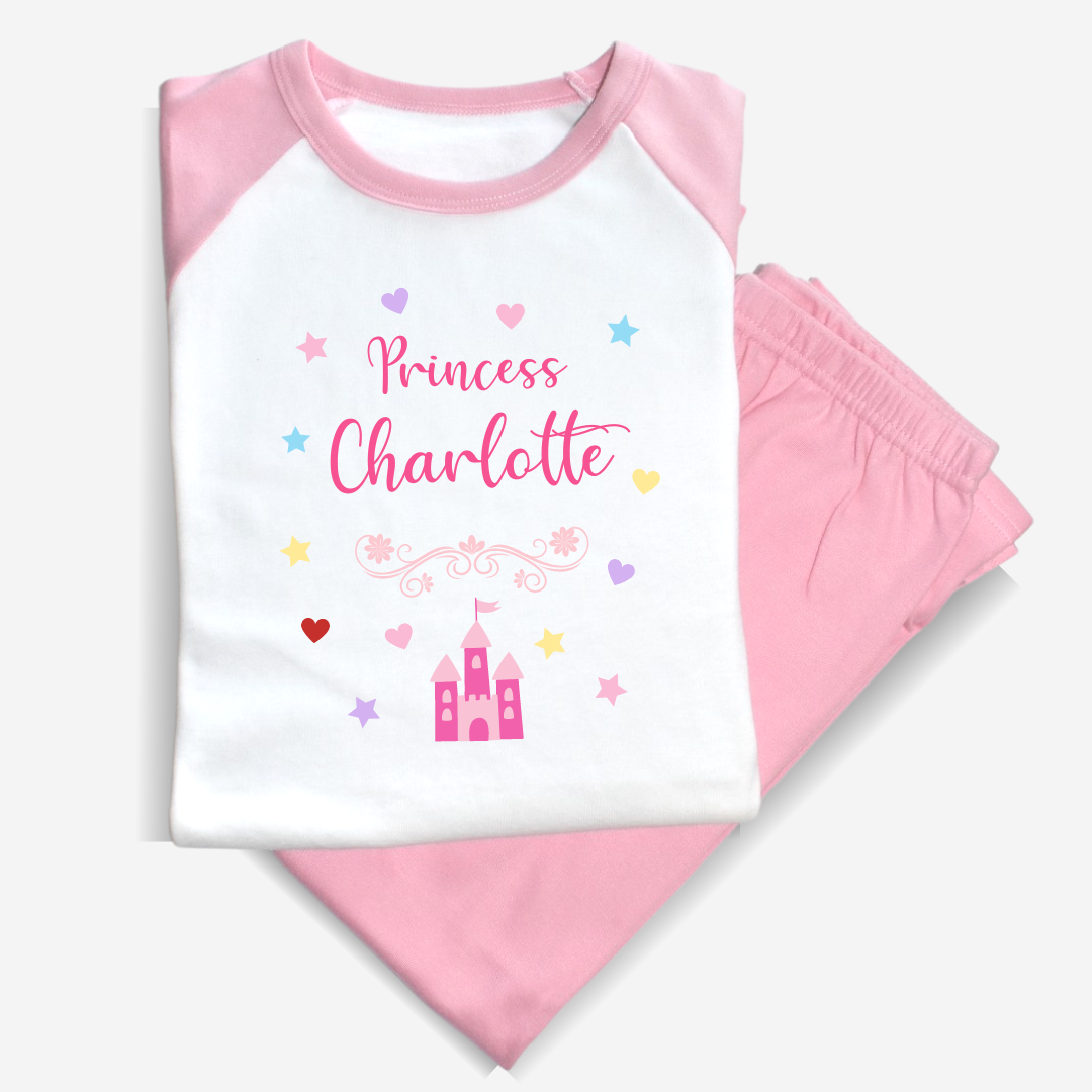 Second Ave Personalised Children's Kids Princess Pyjamas PJ's Pink/White