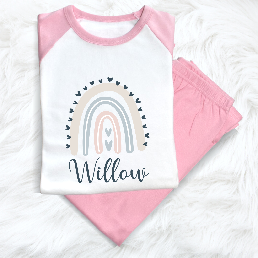 Second Ave Personalised Name Rainbow Heart Children's Kids Pyjamas PJ's Pink/White