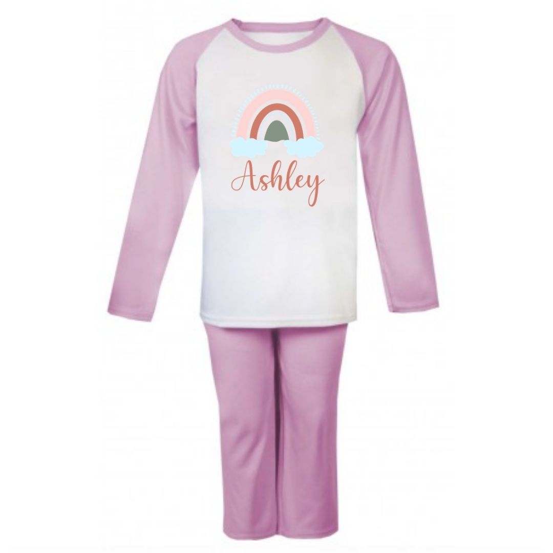 Second Ave Personalised Name Rainbow Cloud Children's Kids Pyjamas PJ'sPink/White