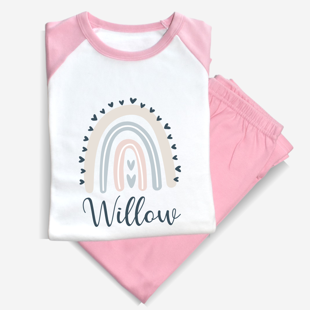 Second Ave Personalised Name Rainbow Heart Children's Kids Pyjamas PJ's Pink/White