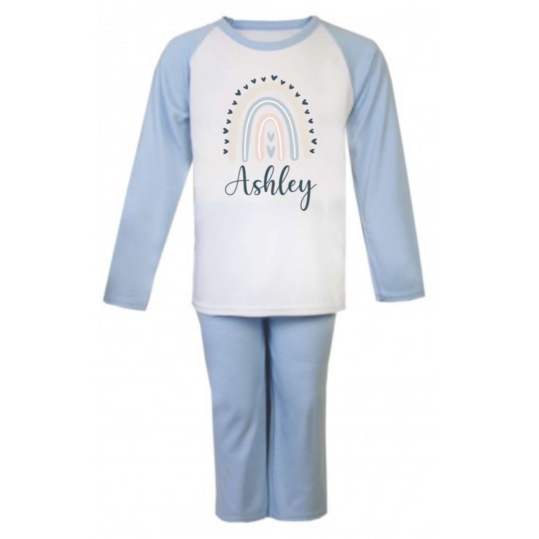 Second Ave Personalised Name Rainbow Heart Children's Kids Pyjamas PJ's Blue/White