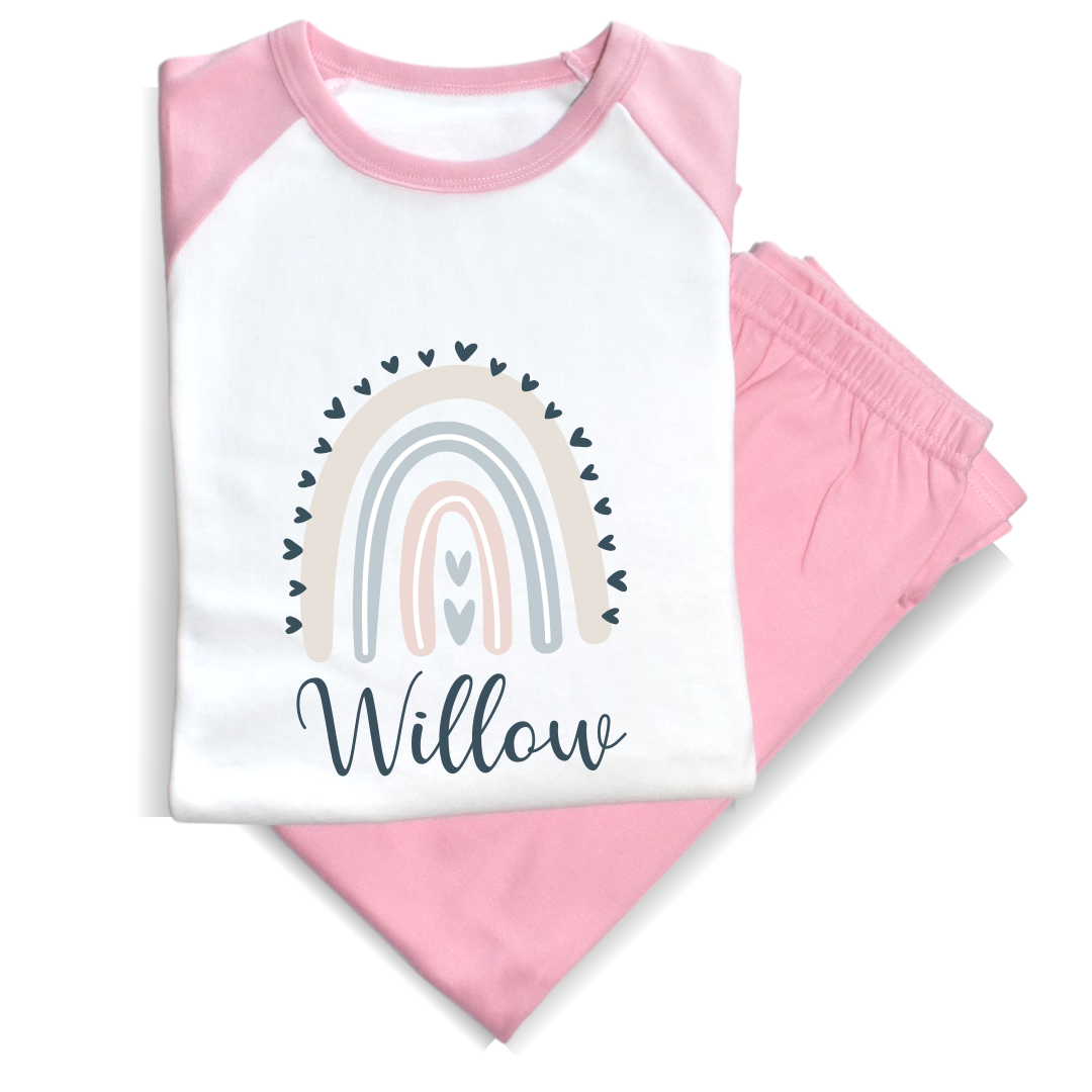 Second Ave Personalised Name Rainbow Heart Children's Kids Pyjamas PJ's Pink/White