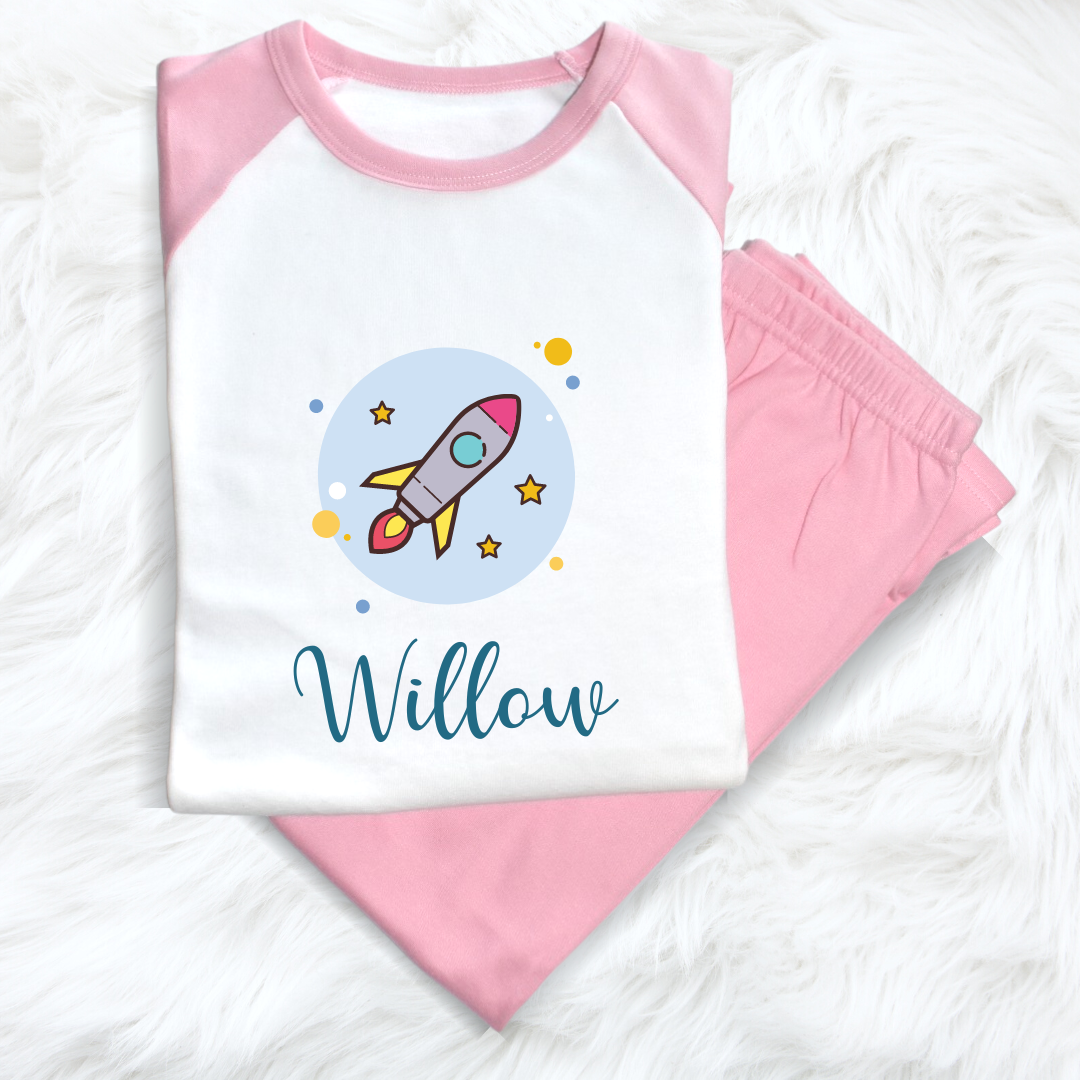 Second Ave Personalised Name Rocket Children's Kids Pyjamas PJ's Pink/White