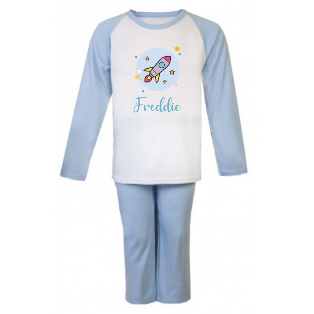 Second Ave Personalised Name Rocket Children's Kids Pyjamas PJ's Blue/White