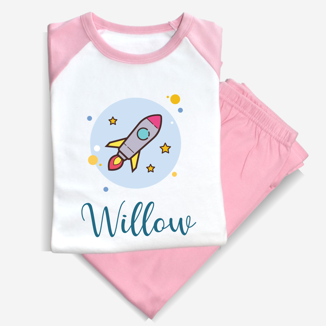 Second Ave Personalised Name Rocket Children's Kids Pyjamas PJ's Pink/White