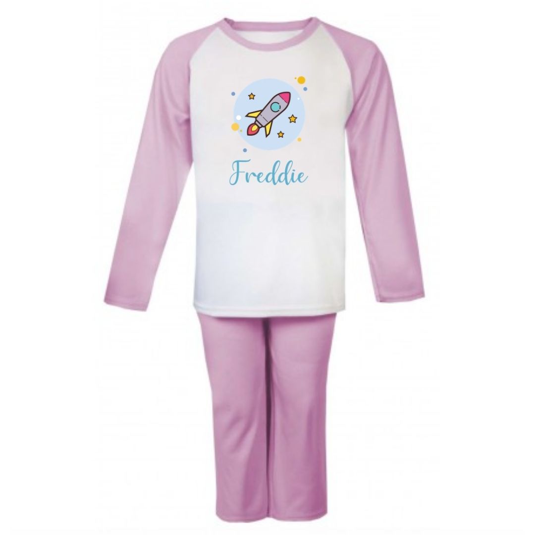 Second Ave Personalised Name Rocket Children's Kids Pyjamas PJ's Pink/White