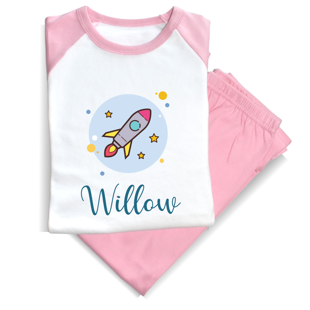 Second Ave Personalised Name Rocket Children's Kids Pyjamas PJ's Pink/White