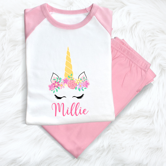 Second Ave Personalised Name Unicorn Children's Kids Pyjamas PJ's Pink/White