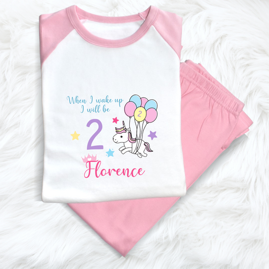 Second Ave Personalised Name Age Unicorn Children's Kids Birthday Pyjamas PJ's Pink/White