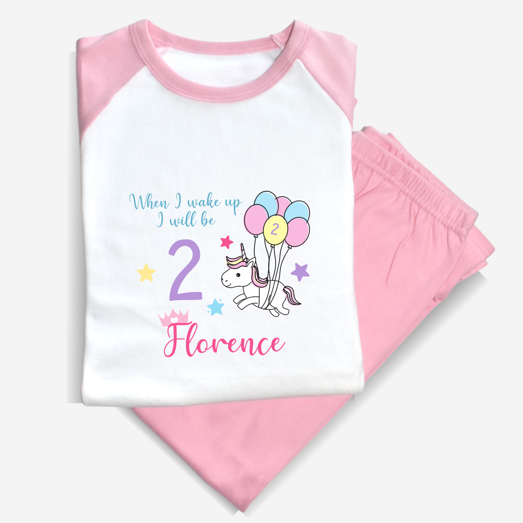 Second Ave Personalised Name Age Unicorn Children's Kids Birthday Pyjamas PJ's Pink/White