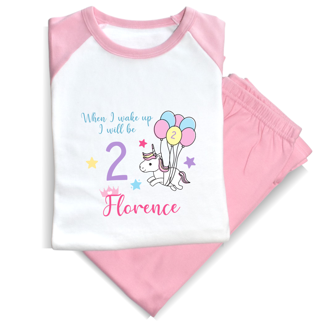 Second Ave Personalised Name Age Unicorn Children's Kids Birthday Pyjamas PJ's Pink/White