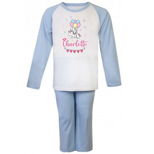 Second Ave Personalised Name Unicorn Balloons Children's Kids Pyjamas PJ's Blue/White