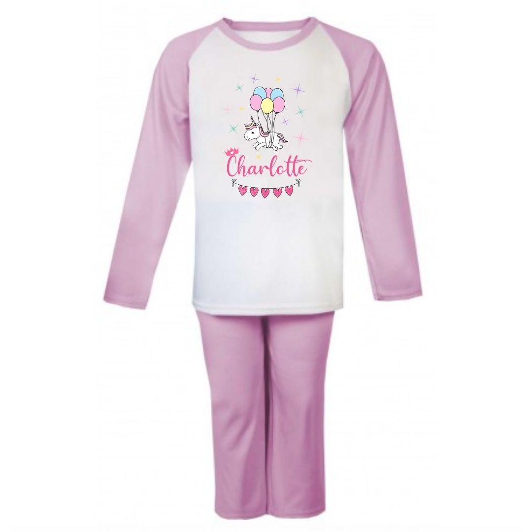 Second Ave Personalised Name Unicorn Balloons Children's Kids Pyjamas PJ's Pink/White