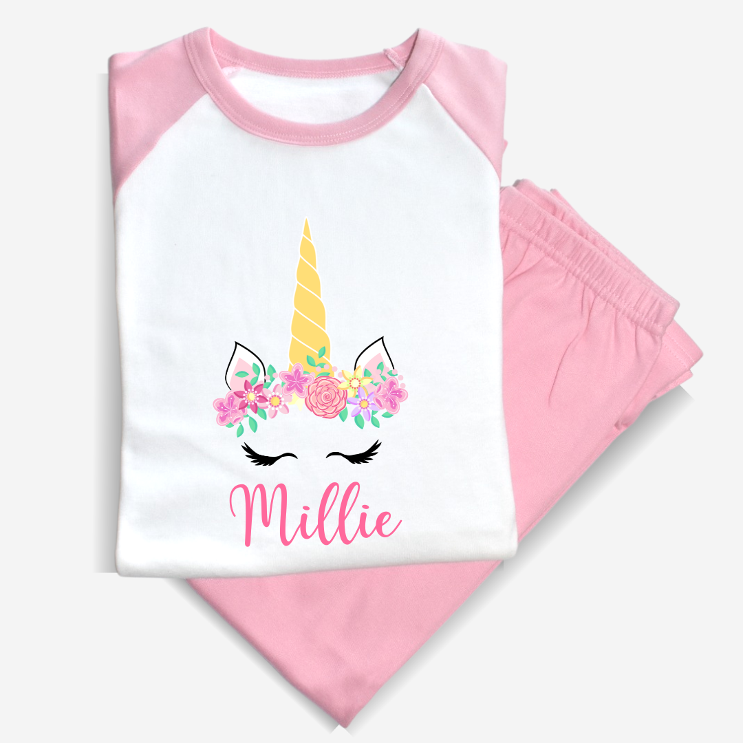 Second Ave Personalised Name Unicorn Children's Kids Pyjamas PJ's Pink/White