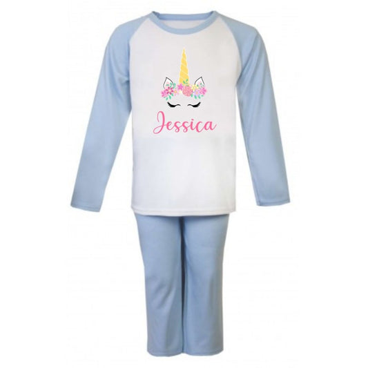 Second Ave Personalised Name Unicorn Children's Kids Pyjamas PJ's Blue/White