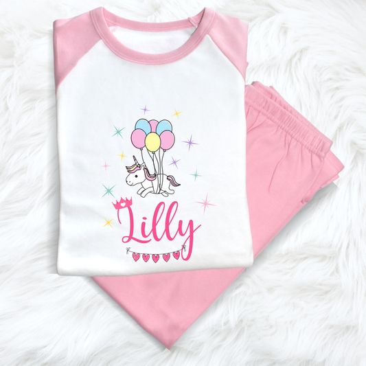 Second Ave Personalised Name Unicorn Balloons Children's Kids Pyjamas PJ's Pink/White