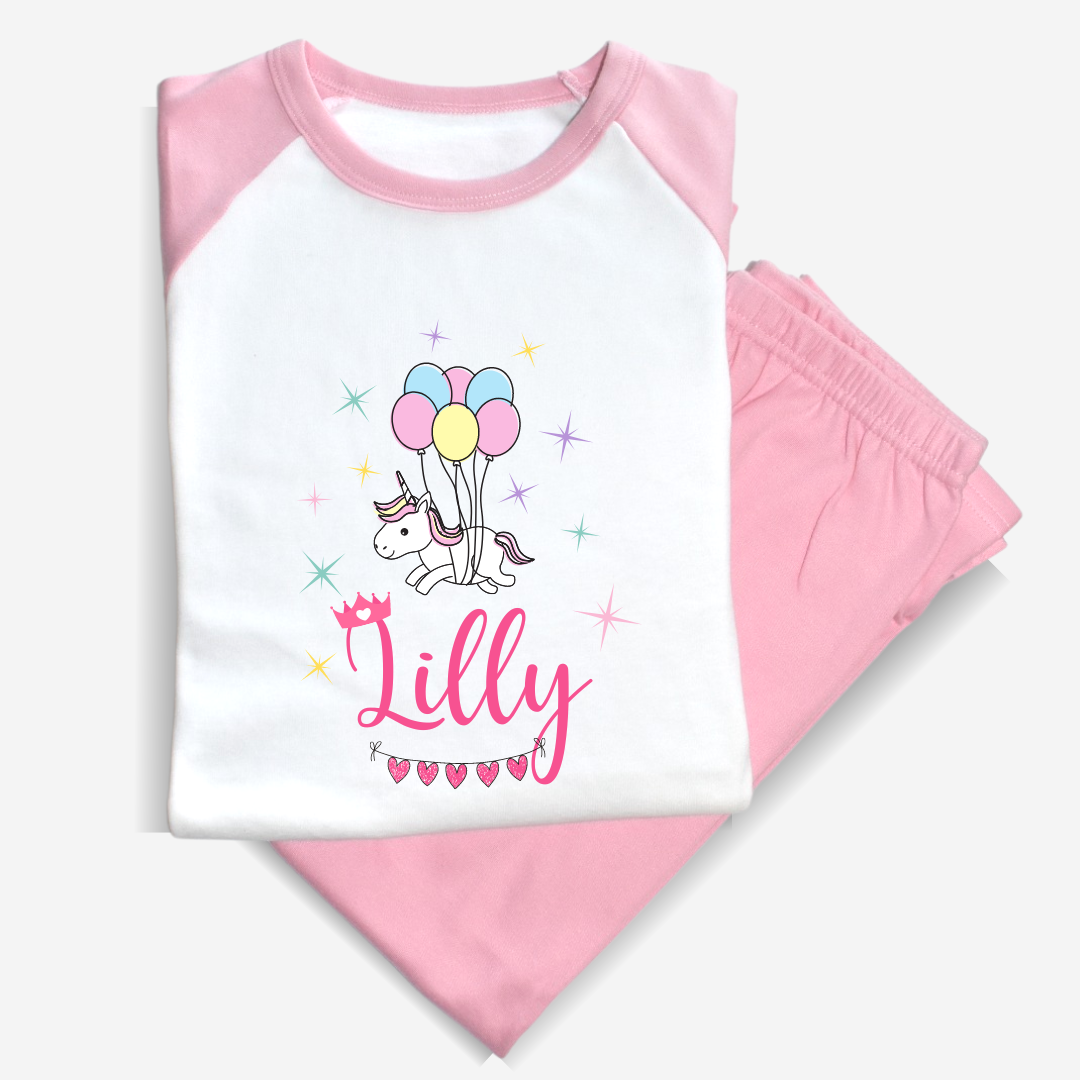 Second Ave Personalised Name Unicorn Balloons Children's Kids Pyjamas PJ's Pink/White