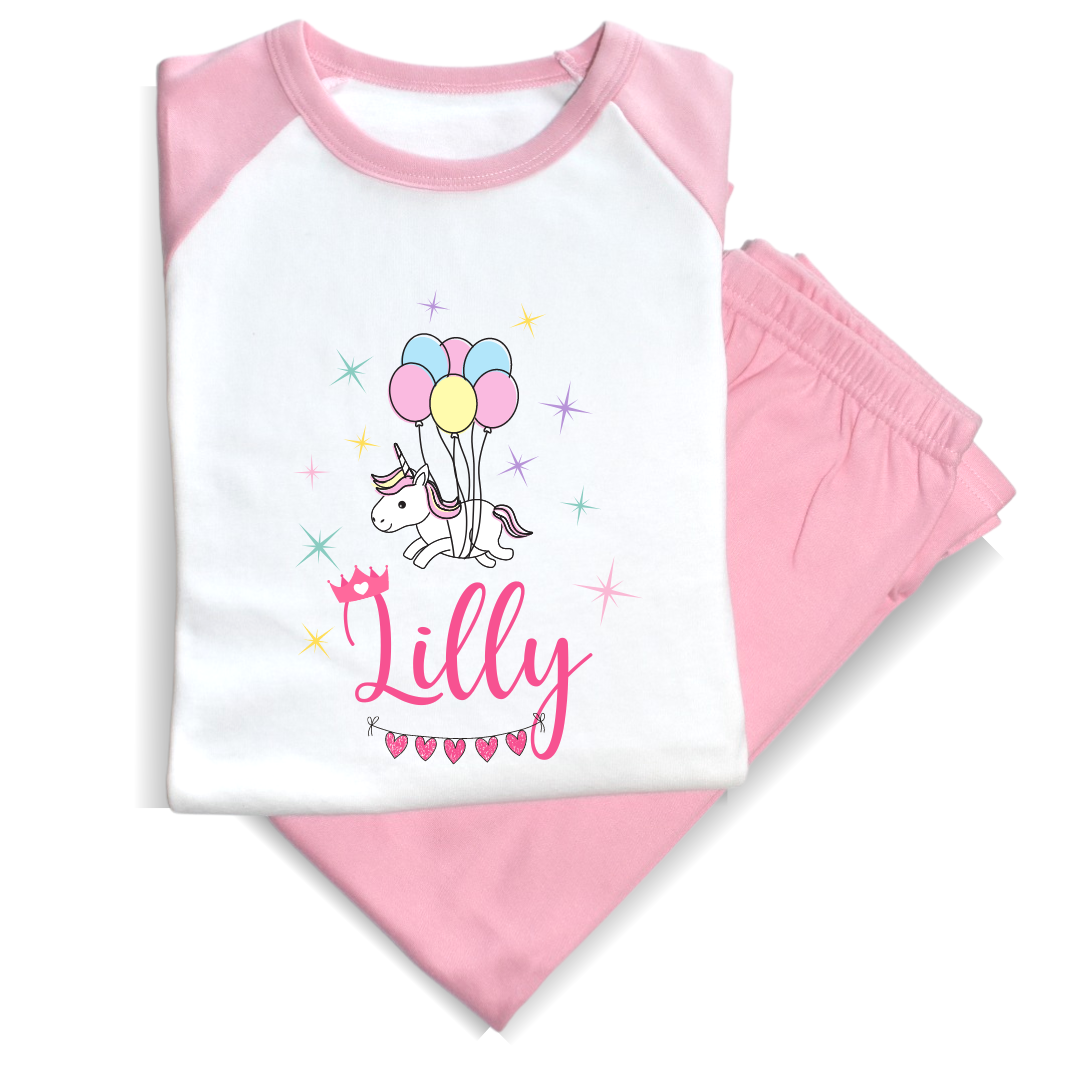 Second Ave Personalised Name Unicorn Balloons Children's Kids Pyjamas PJ's Pink/White