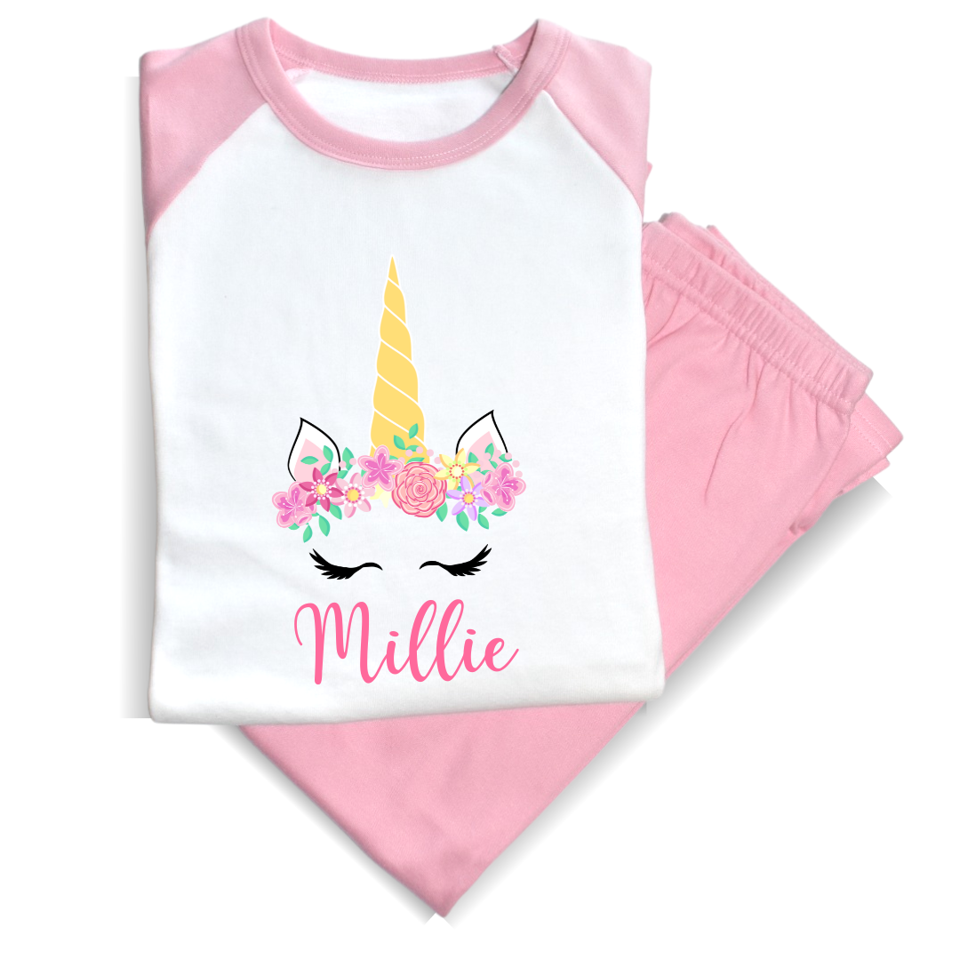 Second Ave Personalised Name Unicorn Children's Kids Pyjamas PJ's Pink/White