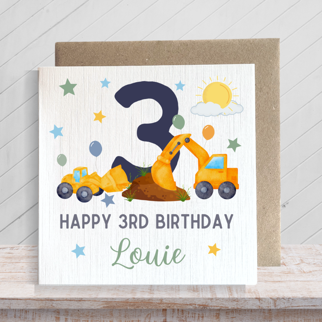 Second Ave Personalised Children's Kids Baby Digger Age Square Card For Boy or Girl Birthday