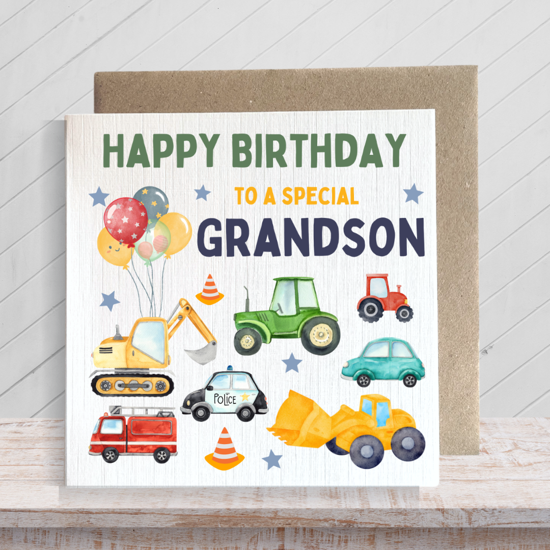 Second Ave Digger Grandson Children's Kids Baby Tractor Car Square Card For Boy Birthday