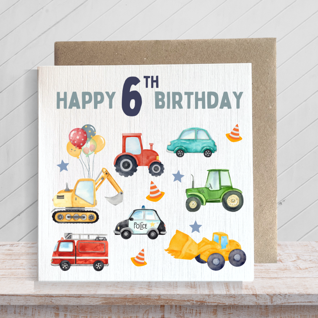 Second Ave 6th Birthday Age 6 Children's Kids Baby Tractor Car Square Card For Boy or Girl Birthday