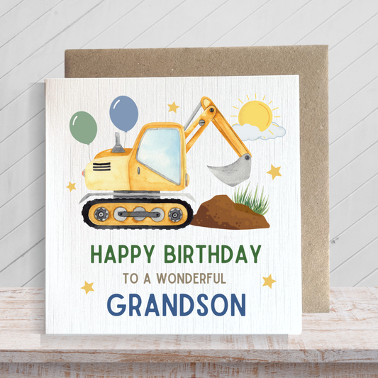 Second Ave Grandson Birthday Children's Kids Baby Digger Square Card For Boy Birthday