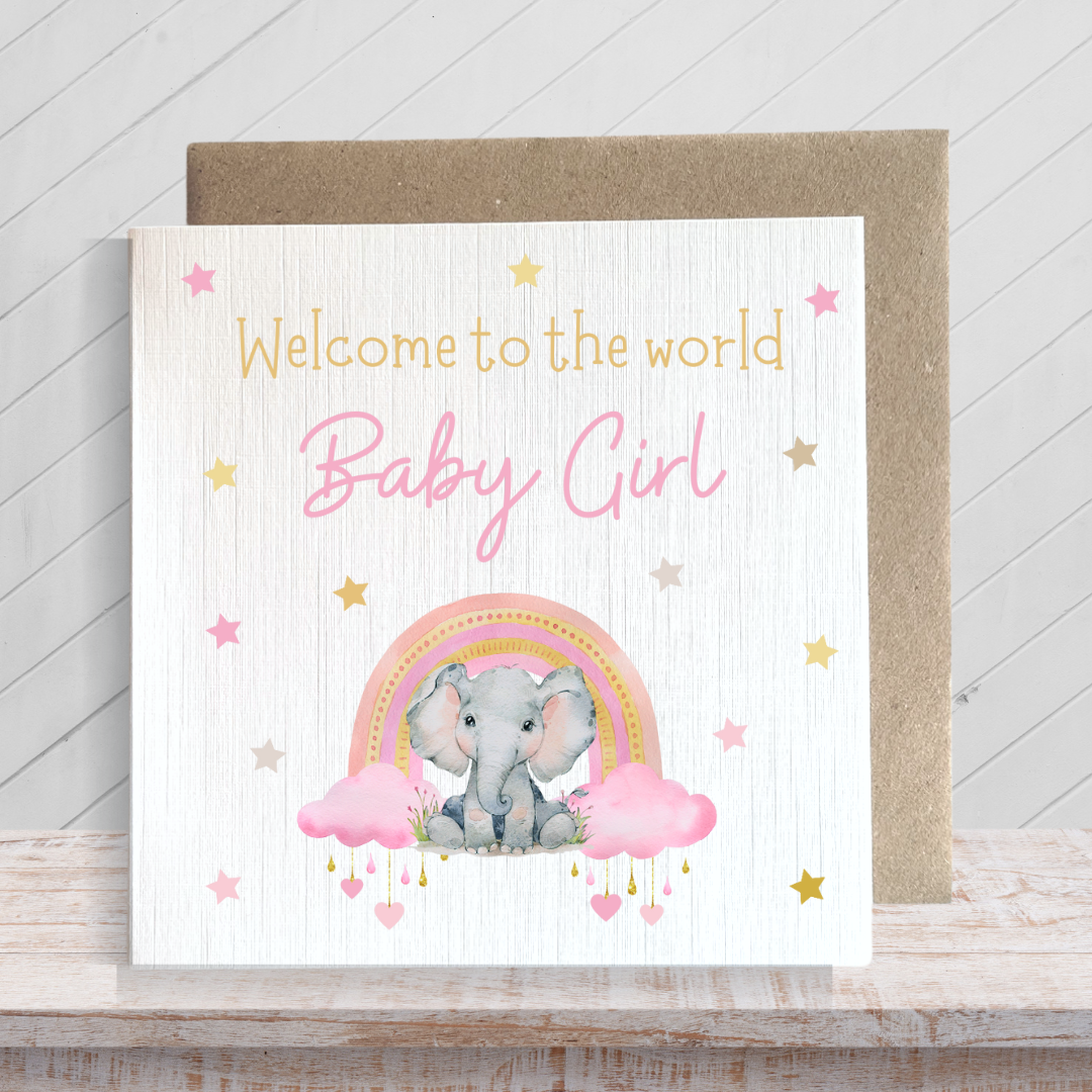 Second Ave Baby Girl Newborn Congratulations Rainbow Elephant Square Card