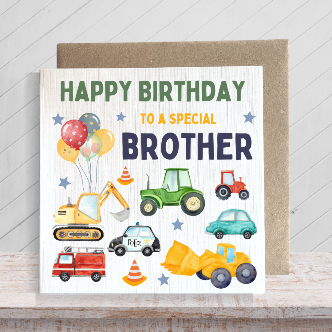 Second Ave Digger Brother Children's Kids Baby Tractor Car Square Card For Boy Birthday