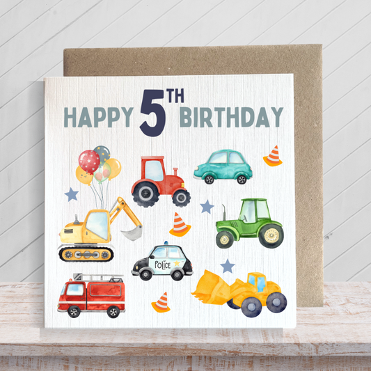 Second Ave 5th Birthday Age 5 Children's Kids Baby Tractor Car Square Card For Boy or Girl Birthday