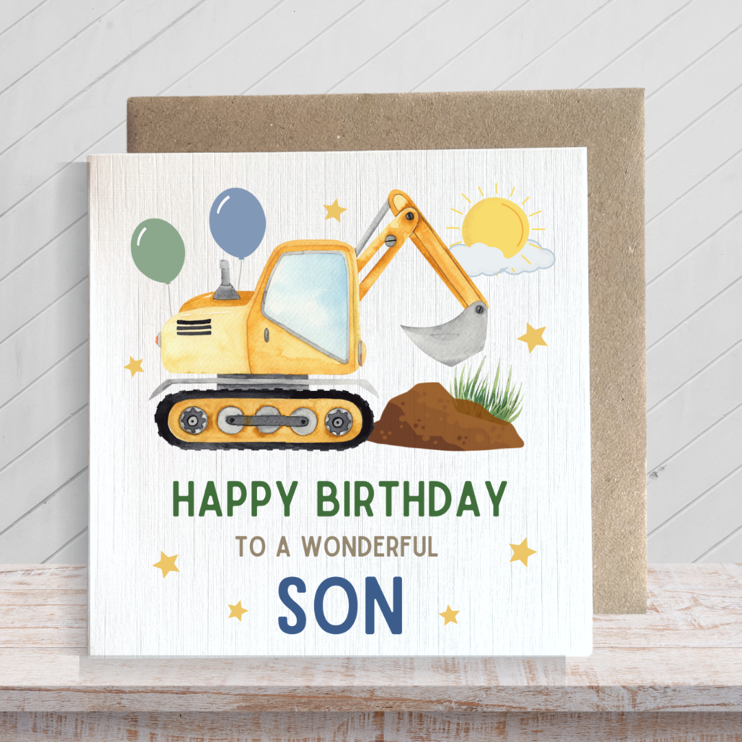 Second Ave Son Birthday Children's Kids Baby Digger Square Card For Boy Birthday