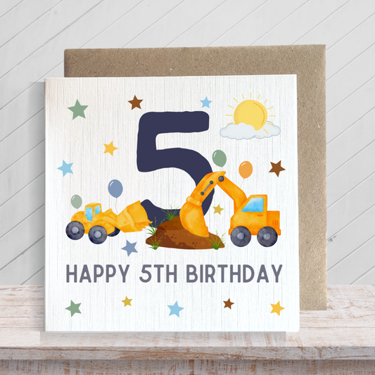 Second Ave 5th Birthday Age 5 Children's Kids Baby Digger Square Card For Boy or Girl Birthday